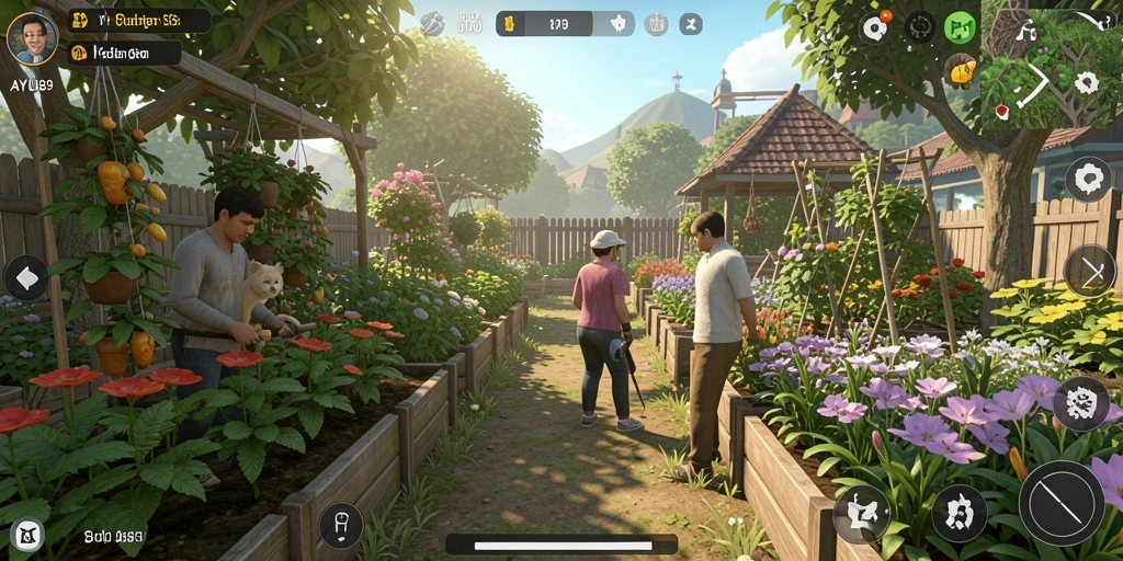 Tampilan gameplay AYU89 dengan ladang subur dan hewan ternak yang bahagia.