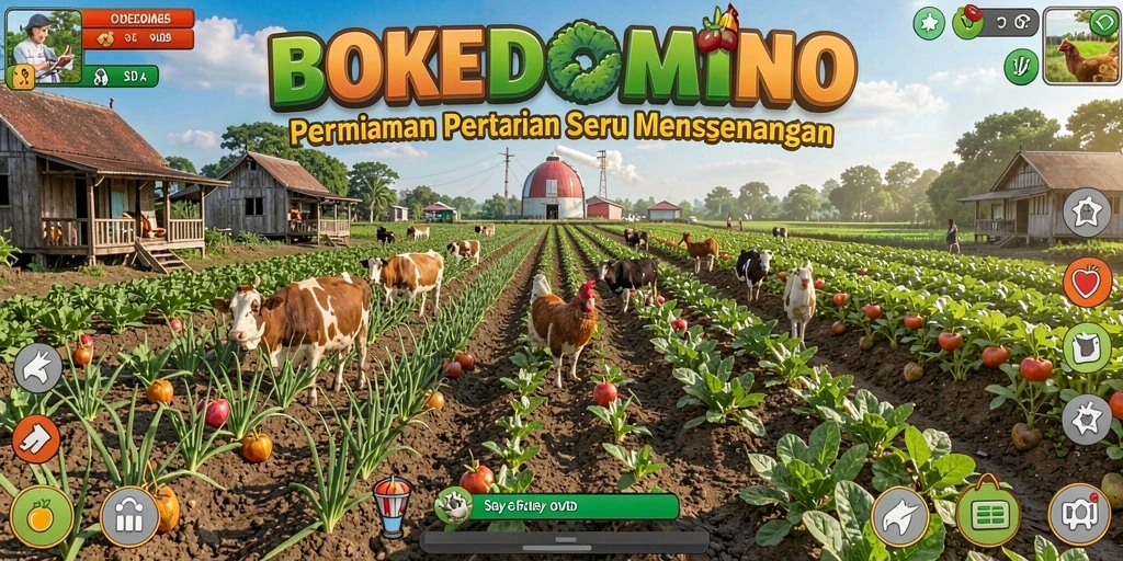 Tampilan gameplay BOKEDOMINO yang menarik dengan ladang subur.